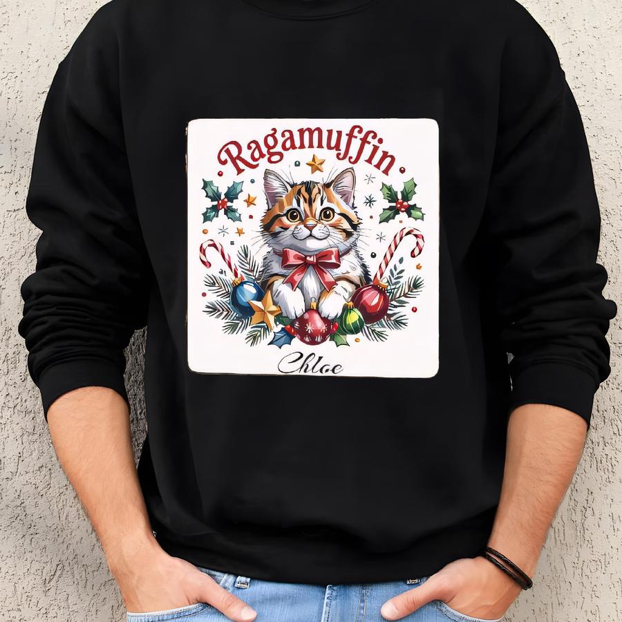 Custom Ragamuffin Cat Sled Ornament: Personalized Name, Christmas Decoration, Unique Pet Gift Sweatshirt