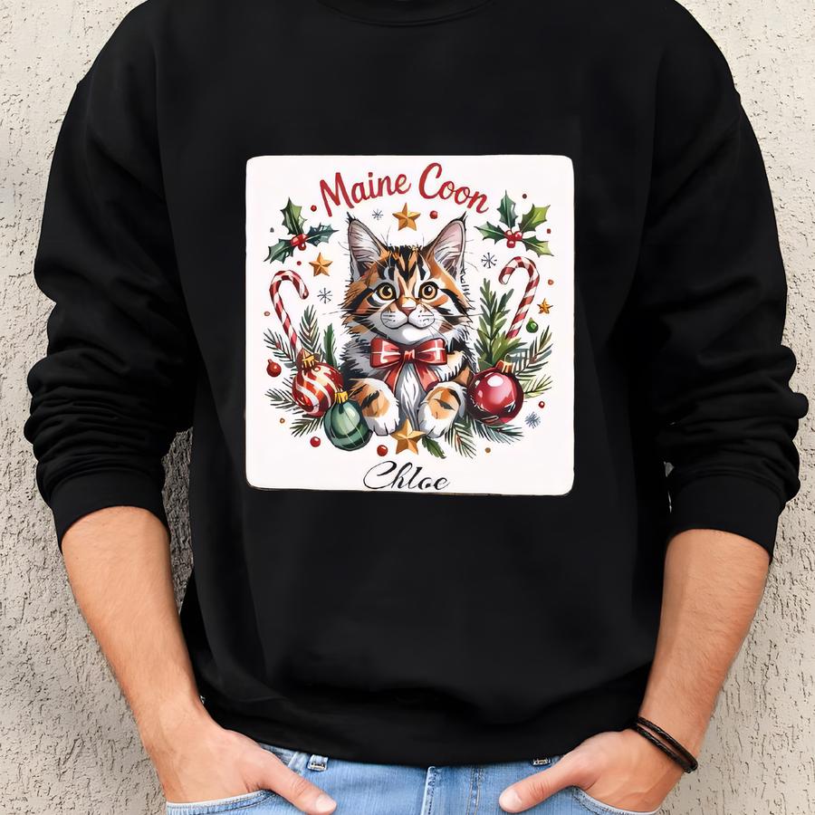 Maine Coon Sled Ornament: Custom Name, Christmas, Cat Breed, Holiday Sweatshirt