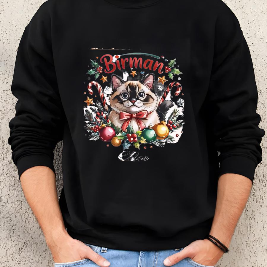 Custom Cat Sled Ornament: Christmas, Personalised Name, Birman Cat Sweatshirt