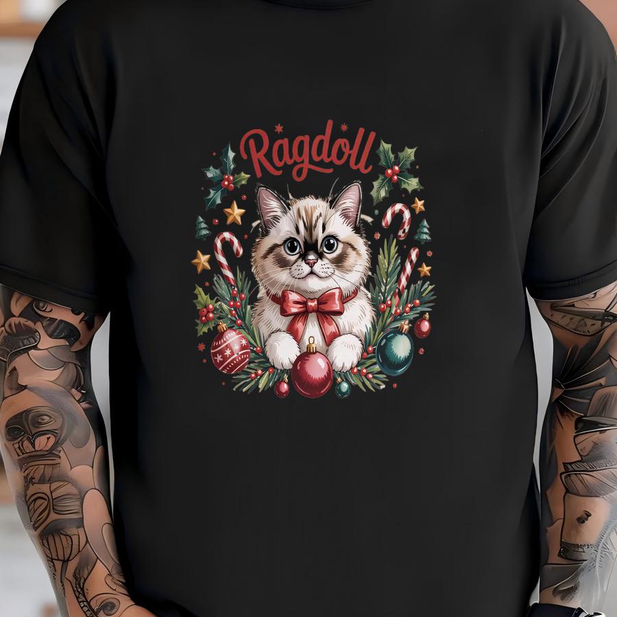 Ragdoll Cat Sweatshirt: Holiday, Festive, Christmas, Pet, Bow, Ornament, Cute T-shirt