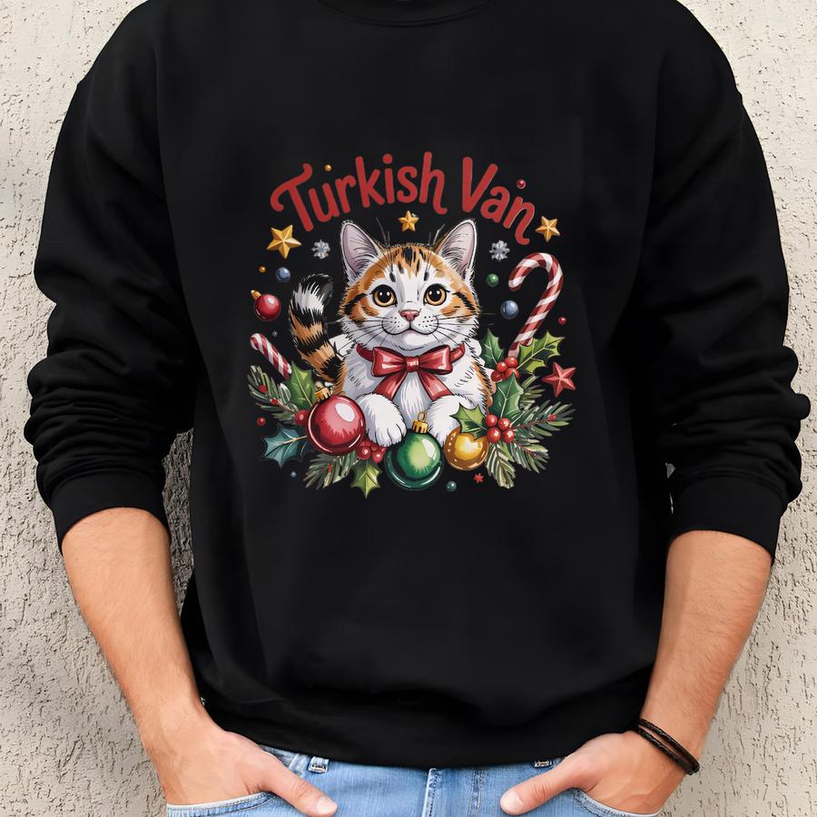 Turkish Van Sweatshirt: Holiday Cat, Christmas Ornaments, Festive Bow Sweatshirt