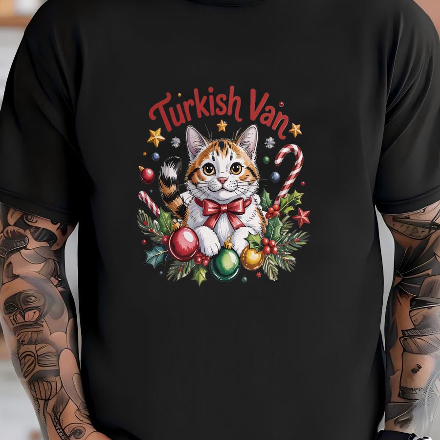 Turkish Van Sweatshirt: Holiday Cat, Christmas Ornaments, Festive Bow T-shirt