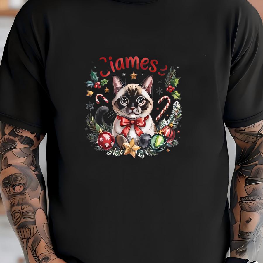 Custom Siamese Cat Sled Ornament: Personalized Name, Christmas Decor, Unique T-shirt