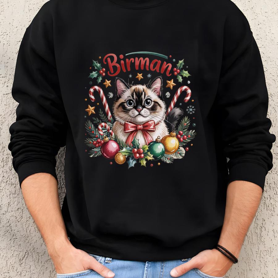 Birman Cat Sweatshirt: Christmas Holiday, Cute Pet, Festive Candy Cane Graphic Sweatshirt