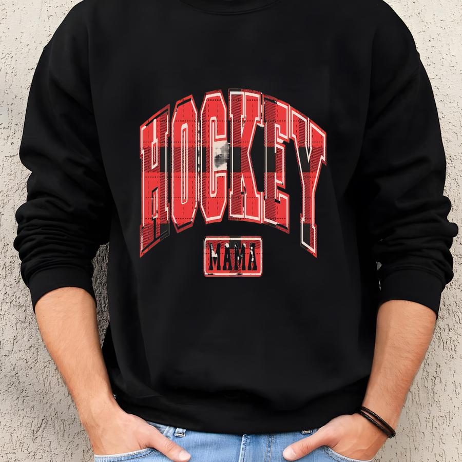 Fun Hockey Mama Fall Plaid Crewneck Sweatshirt Gift, Field Hockey Winter Mom Sweater, Ice Hockey Mama Shirt, Hockey Goalie Mom Shirt Sweatshirt