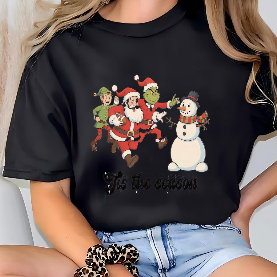 Tis The Season Santa Football Christmas Toddler Shirt, Christmas Santa Elf Snowman Sweatshirt, Christmas Gift For Youth Football Lover T-shirt