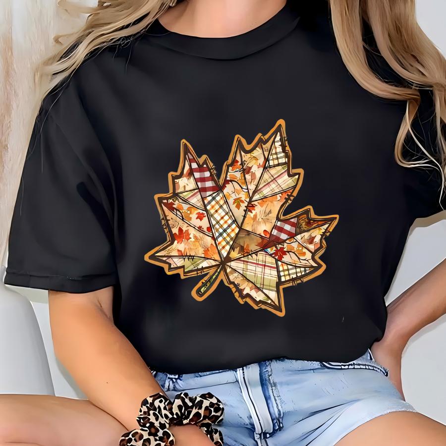 Retro Faux Patchwork Fall Leaf Sweatshirt, Fall Pumpkin Shirt, Spooky Season Sweater, Cozy Cute Women Outfit, Cozy Fall Gift T-shirt