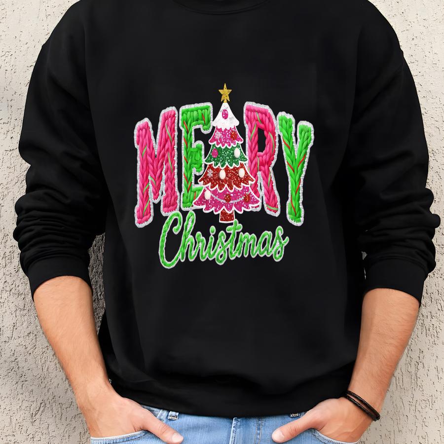 Faux Yarn Merry Christmas Png, Chunky Knit Coquette Bow Christmas Tree Png, Realistic Yarn Texture Holiday Sublimation Sweatshirt