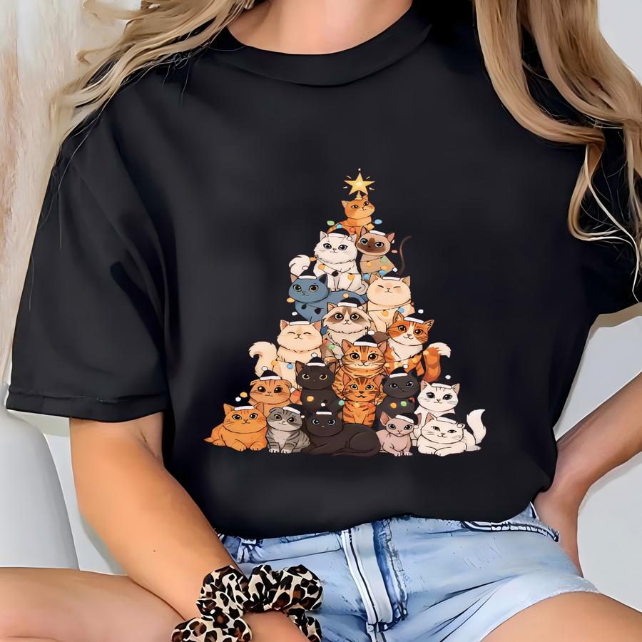 Christmas Cats Tree Toddler Sweatshirt, Xmas Cat Youth Shirt, Funny Christmas Gift, Xmas Lights Cat Hoodie, Cute Matching Family Xmas Sweat T-shirt