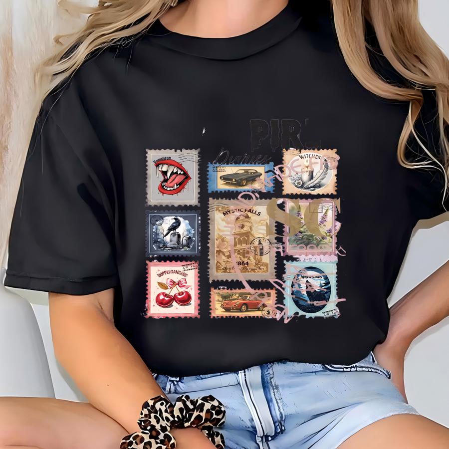 Vampire Diaries Postage Stamps Sweatshirt, Vampire Postage Tee, Mystic Falls Crewneck Sweatshirt ,perfect Tvd Gift For Her T-shirt