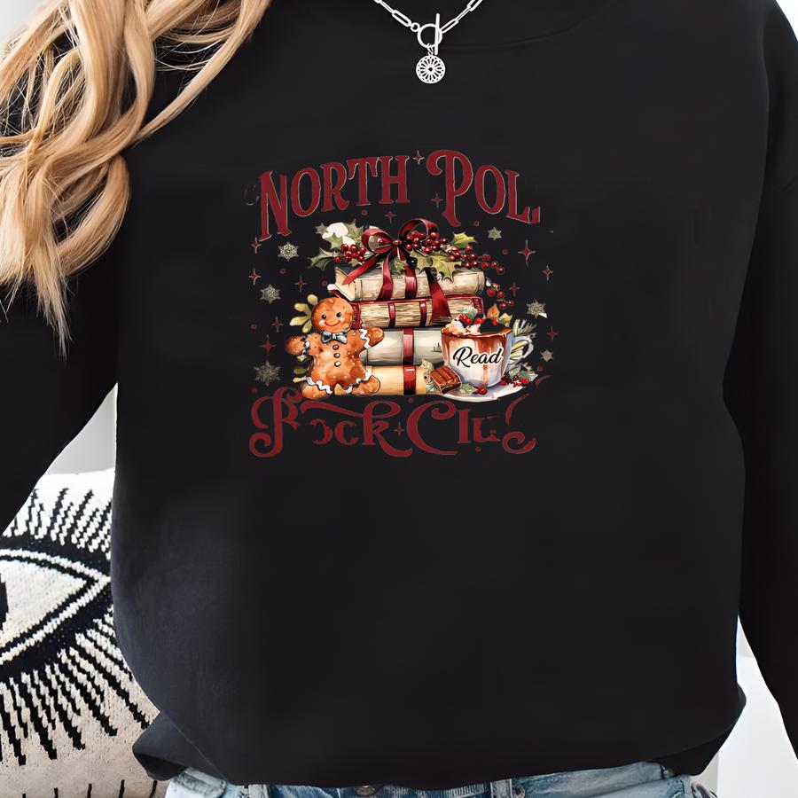 Retro Funny North Pole Book Club Sweatshirt: Book Lover Christmas Sweater, Bookish Christmas Hoodie Sweatshirt
