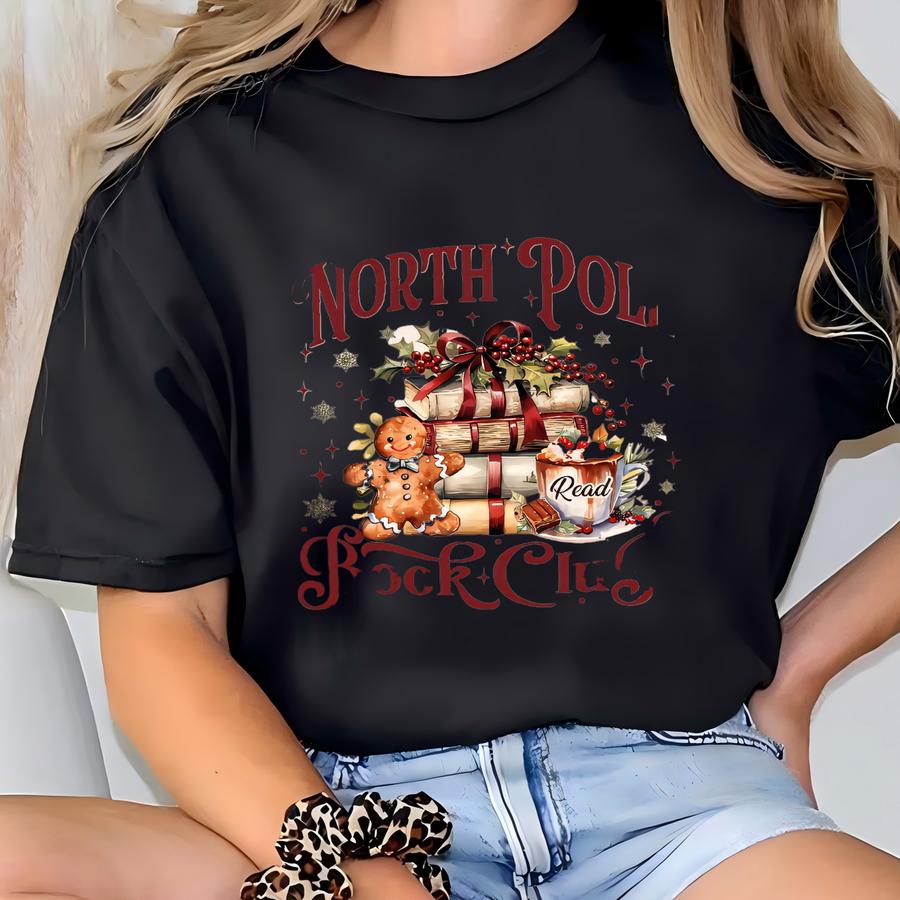 Retro Funny North Pole Book Club Sweatshirt: Book Lover Christmas Sweater, Bookish Christmas Hoodie T-shirt