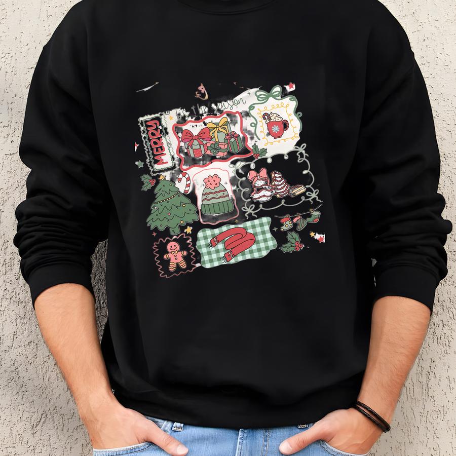 Merry Christmas Shirt, Doodle Drawing, Vintage Holiday Graphic Tee, Festive Retro Christmas T-shirt, Holly Mistletoe Christmas Gift Top Sweatshirt