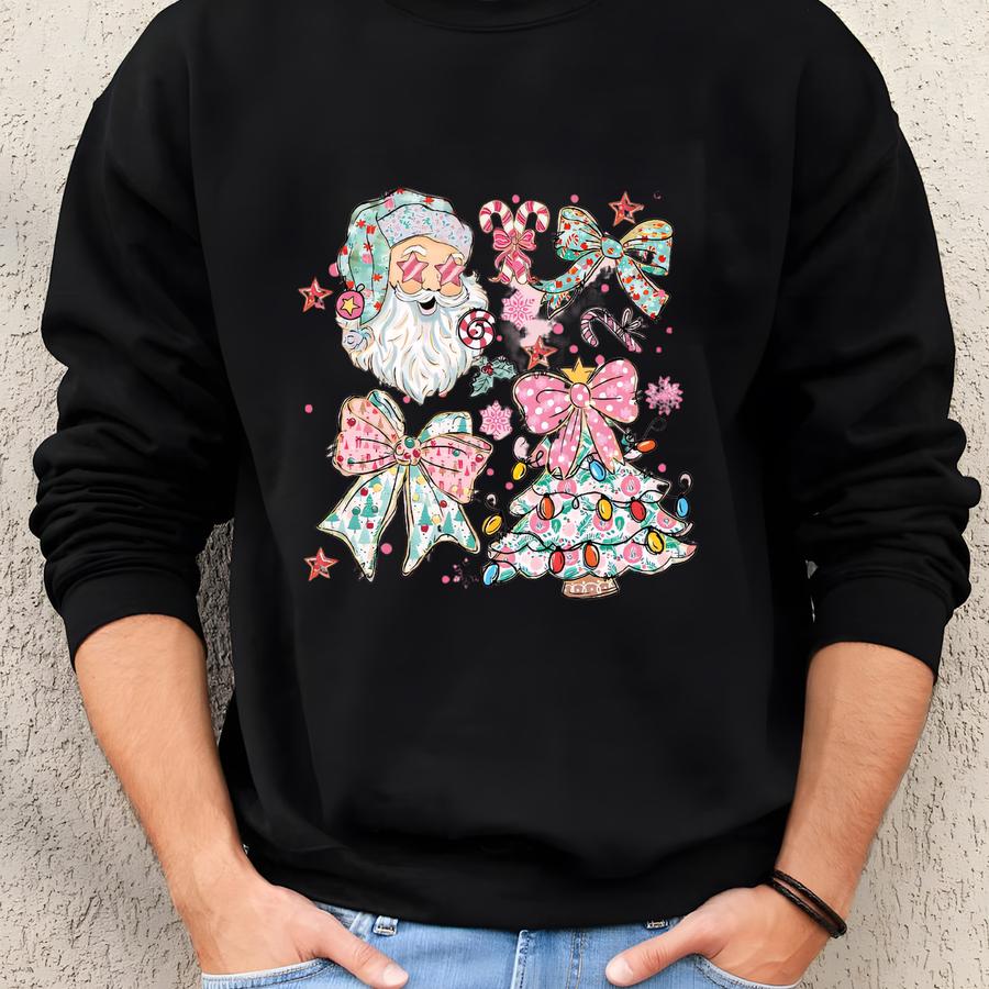 Coquette Santa Christmas Sweatshirt, Pink Green Holiday Shirt, Girly Christmas Crewneck, Holiday Gift, Pink Christmas Sweatshirt Coquette Santa Christmas Sweatshirt, Pink Green Holiday Shirt, Girly Christmas Crewneck, Holiday Gift, Pink Christmas Sweatshirt