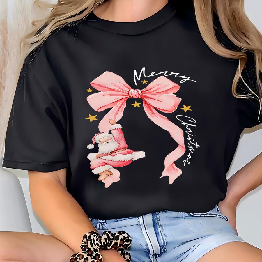 ® Coquette Merry Christmas With Santa Shirt, Christmas Santa Tee, Xmas Coquette Shirt, Holiday Women Gift, Pink Christmas Tee T-shirt