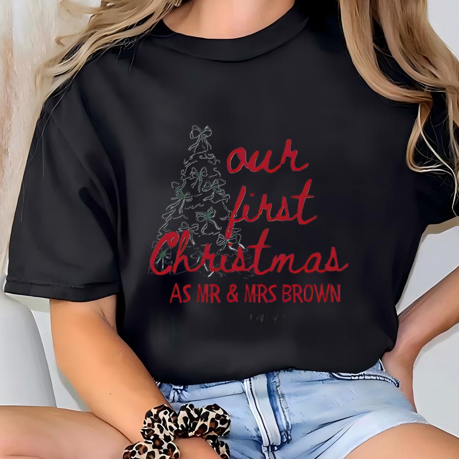 First Christmas As Mr And Mrs Personalized Crewnecks, Merry And Married Sweatshirt, Custom Couples Christmas Shirts Christmas Couple Hoodie T-shirt