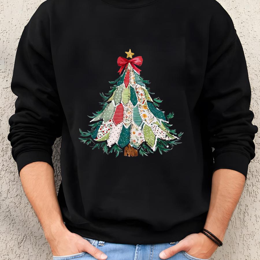 Patchwork Christmas Tree Sweatshirt, Coquette Holiday Long Sve, Xmas Hoodie Gift, Not Y Sweatshirt