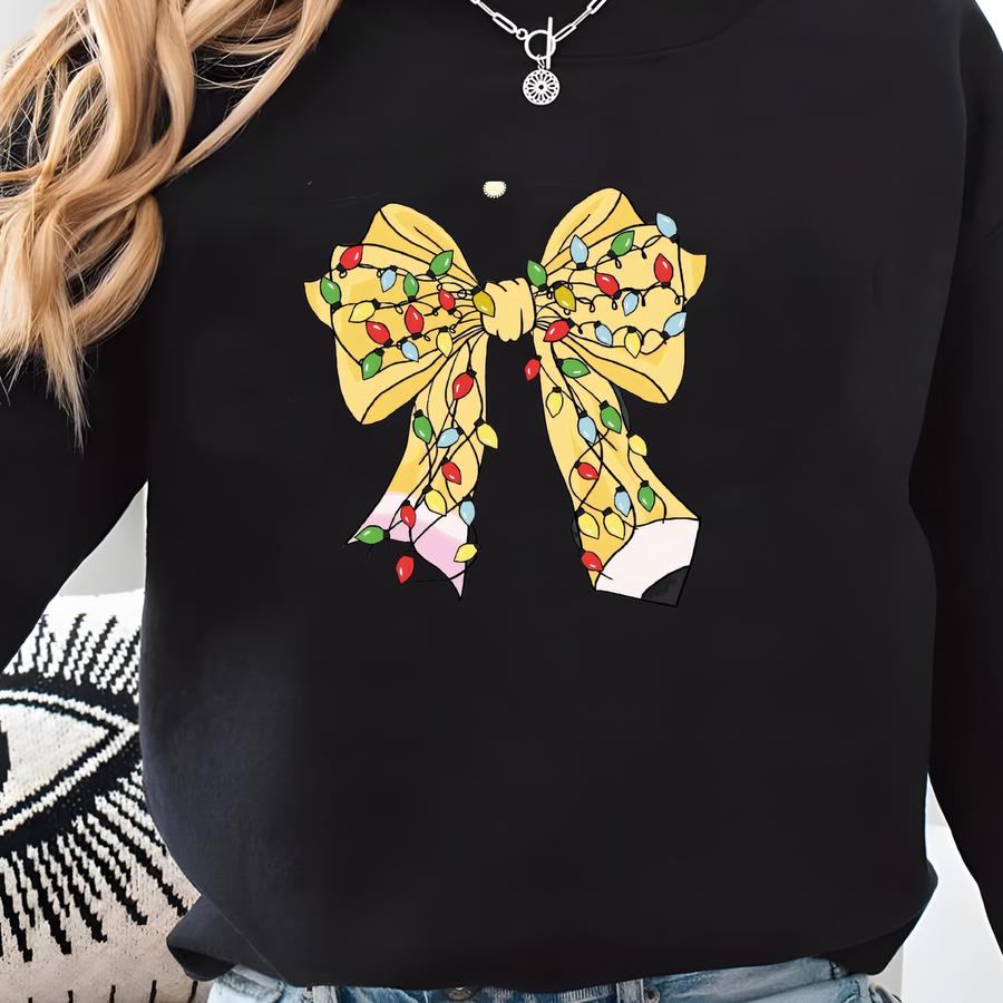 Christmas Coquette Bow Teacher Sweatshirt, Christmas Teacher Gift, Christmas Pencil Bow Teacher Gift Sweatshirt, Christmas Teachers Outfit Sweatshirt