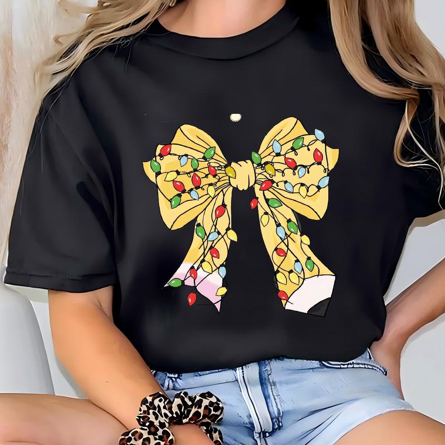 Christmas Coquette Bow Teacher Sweatshirt, Christmas Teacher Gift, Christmas Pencil Bow Teacher Gift Sweatshirt, Christmas Teachers Outfit T-shirt