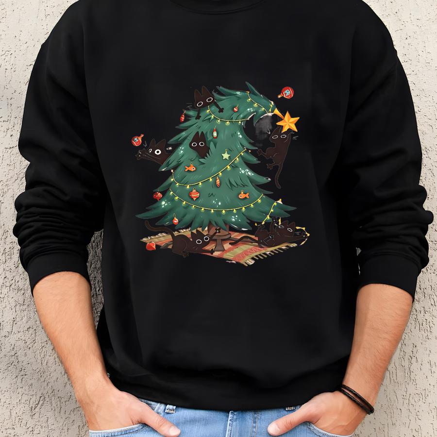 Funny Cat Lover Sweatshirt, Cat Xmas Sweater, Cat Lover Gift Christmas, Cat Mom, Christmas Cat Tree Sweatshirt, Black Cat Xmas Shirt Sweatshirt