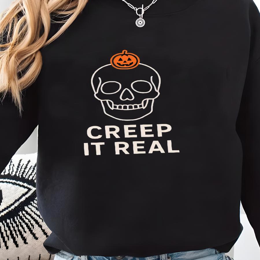 Creep It Real Halloween Shirts, Funny Skull Sweatshirt, Matching Family Ghost Tees, Spooky Season Outfit, Fall Graphic Top,funny Halloween Sweatshirt