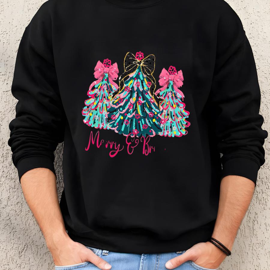 Christmas Shirt Merry Bright Xmas Tree Tee Pink Holiday Festive Bow Lights Tshirt Cute Jolly Shirt Merry Christmas Tshirt Sweatshirt