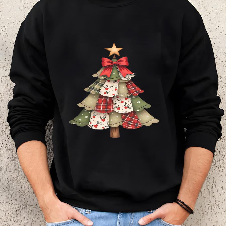 Patchwork Christmas Tree Sweatshirt Cozy Holiday Crewneck Vintage Faux Quilted Tree Sweatshirt Retro Christmas Outfit Festive Gift For Her Sweatshirt