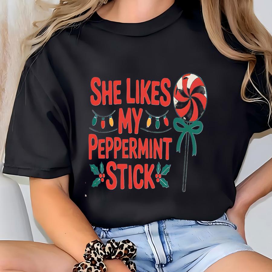 Christmas Couples Shirts, She Likes My Peppermint Stick Shirt, He Likes My Big Bulbs Hoodie, Adult Christmas Gift, Humorous Holiday Shirt T-shirt