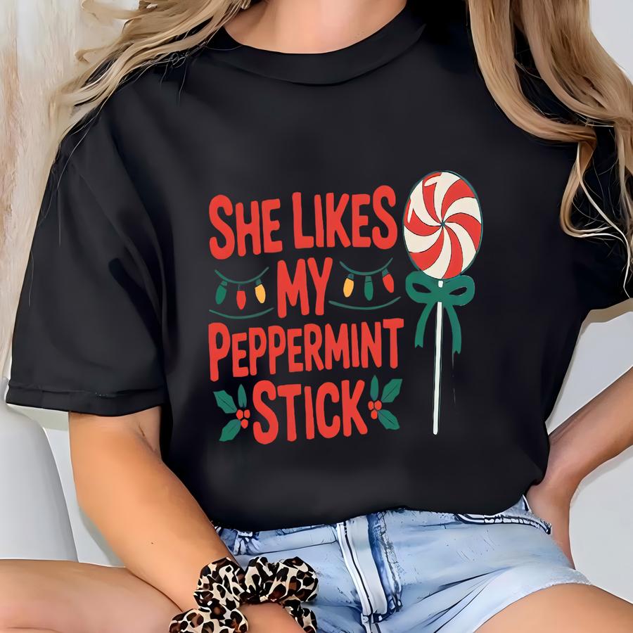 ® Funny Christmas Couples Shirts, She Likes My Peppermint Stick Shirt, He Likes My Big Bulbs Shirt, Couples Humor Holiday Tees T-shirt
