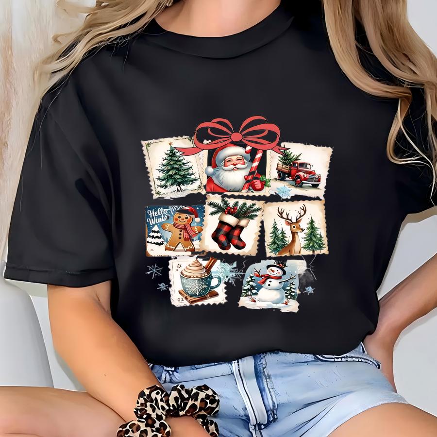Vintage Christmas Stamp Tshirt, Coquette Holiday Postage Collage Shirt, Retro Cute Christmas Sweatshirt, Preppy Cozy Season Sweater T-shirt