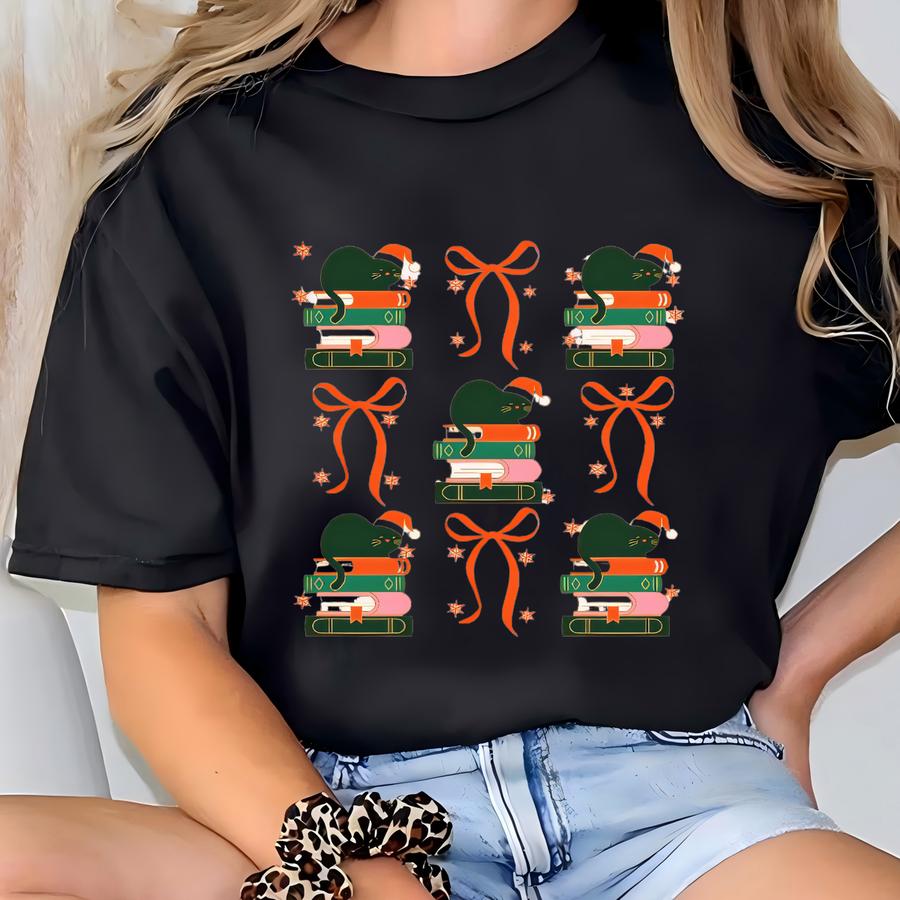 Coquette Christmas Cat Book Sweatshirt Holiday Winter Cat Lover Gift Idea Funny Cat Lady Clothing Meowy Christmas Shirt Book Lover Shirt T-shirt