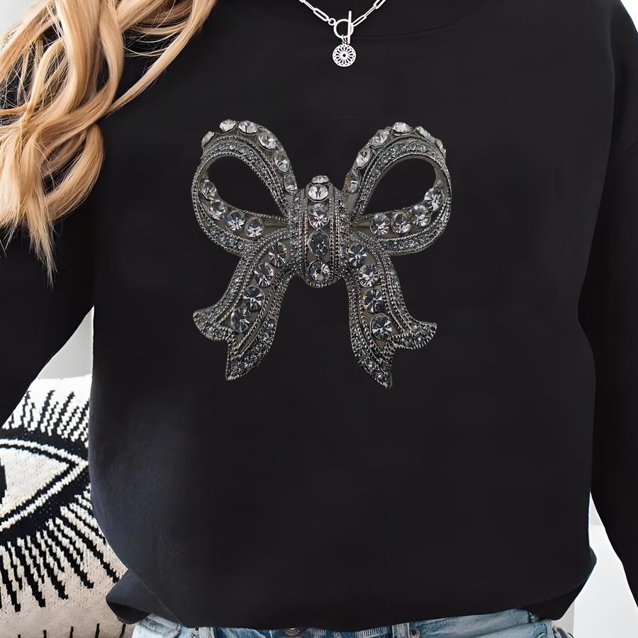Vintage Silver Tone Bow Brooch W/ Clear Rhinestones Sweatshirt