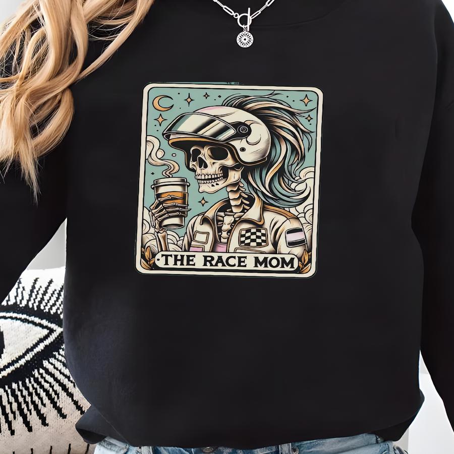 Race Mom Shirt, ® Car Racing Mom Tarot Card T-shirt, Skeleton Race Mom Halloween Tee, Funny Gift For Car Racer Mom Sweatshirt