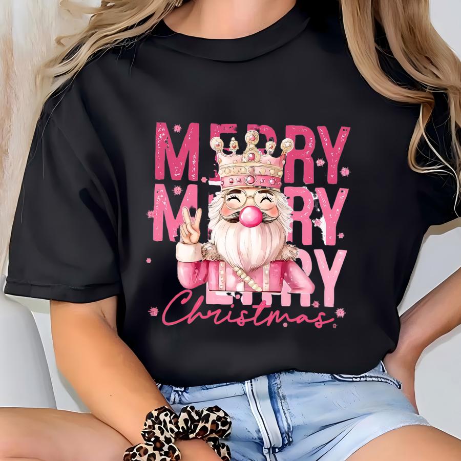 Christmas Sweatshirt: Merry Christmas Family Tee, Pink Holiday Pink Santa Tee, Cute Jolly Christmas Hoodie T-shirt