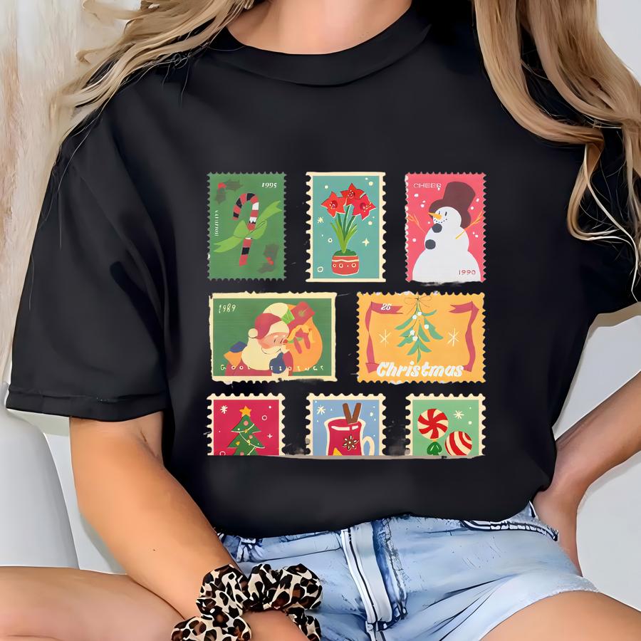 Christmas Stamps Sweatshirt, Cute Xmas Sweater, Christmas Shirt, Holiday Party Sweatshirt, Snowman Sweater, Stamp Collector Gift, Santa Tee T-shirt