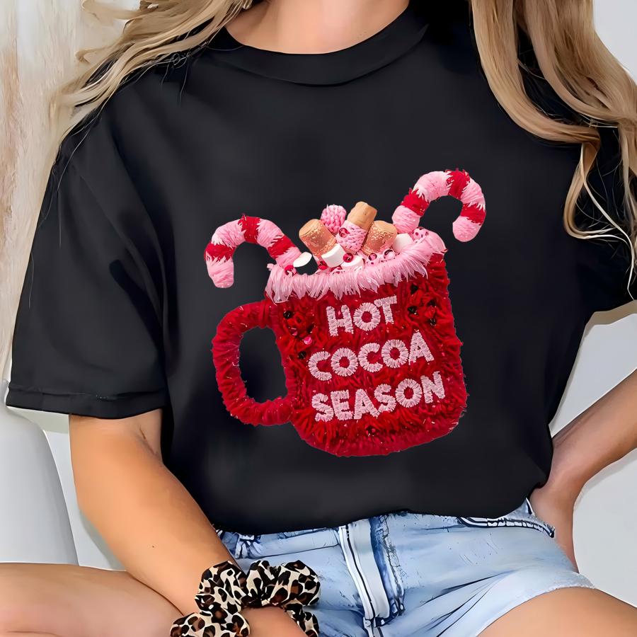 Cute Faux Yarn Hot Cocoa Season Christmas Sweatshirt - Faux Yarn Sweatshirt - Christmas Sweatshirt - Faux Crochet T-shirt
