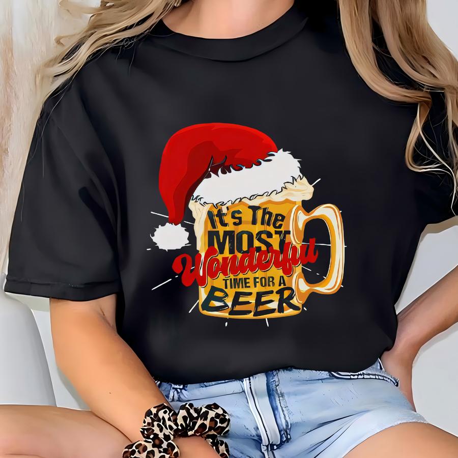 Funny Christmas Beer Sweatshirt, Santa Hat Beer Mug Crewneck, It’s The Most Wonderful Time For A Beer Shirt, Holiday Party Gift T-shirt