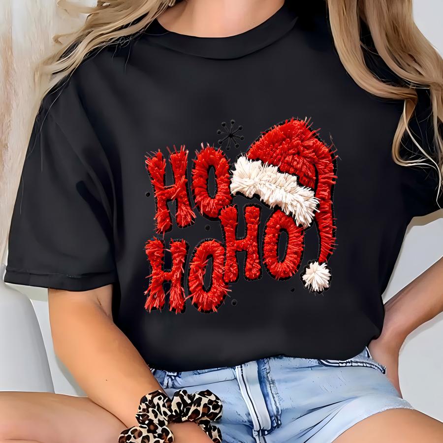 Ho Ho Ho Santa Hat Faux Yarn Christmas Shirt - Shirt - Christmas Shirt - Holiday Shirt - Faux Yarn - Santa Hat T-shirt