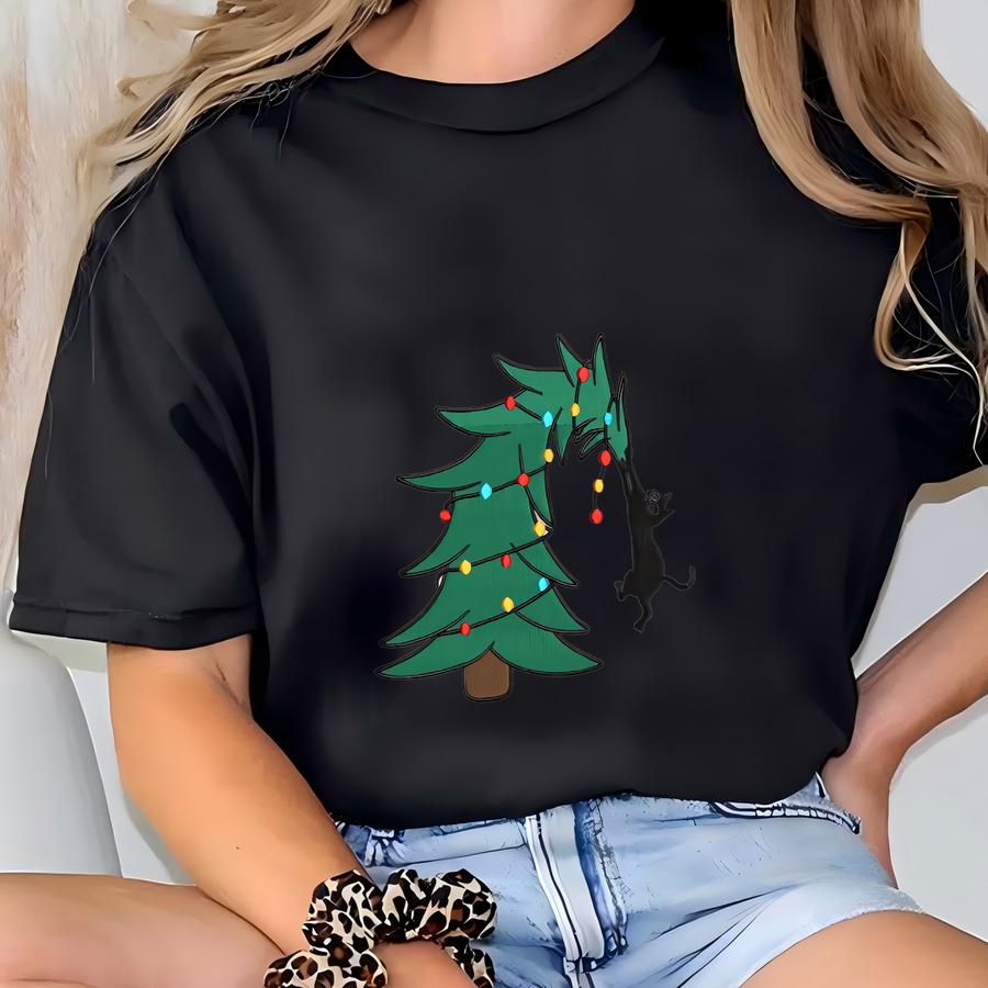 Meowy Christmas Cat Tree Sweatshirt: Funny Black Cat Holiday Lights Sweatshirt | Cute Christmas Tree Pet Lover Gift T-shirt
