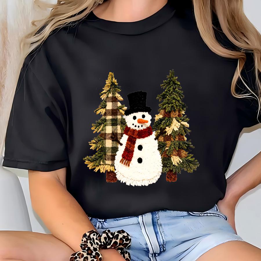 Faux Patchwork Snowman Sweatshirt, Patchwork Christmas Sweater, T-shirt