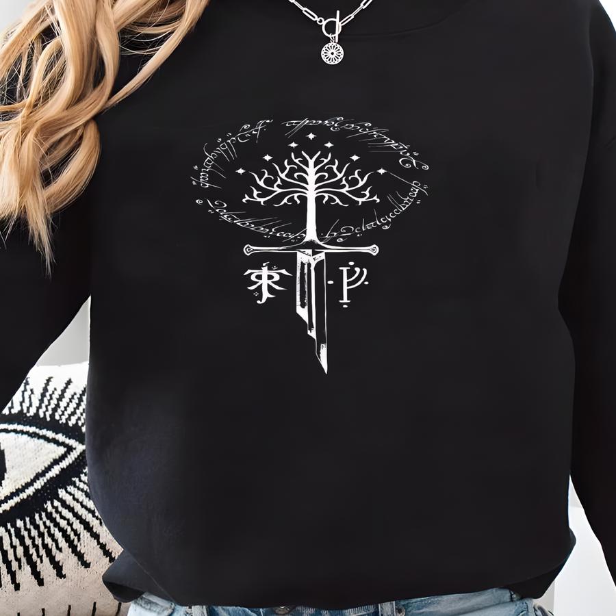 Fantasy Tree Sword Sweatshirt | Mythical Warrior Symbol Design | Ancient Language Graphic Sweatshirt