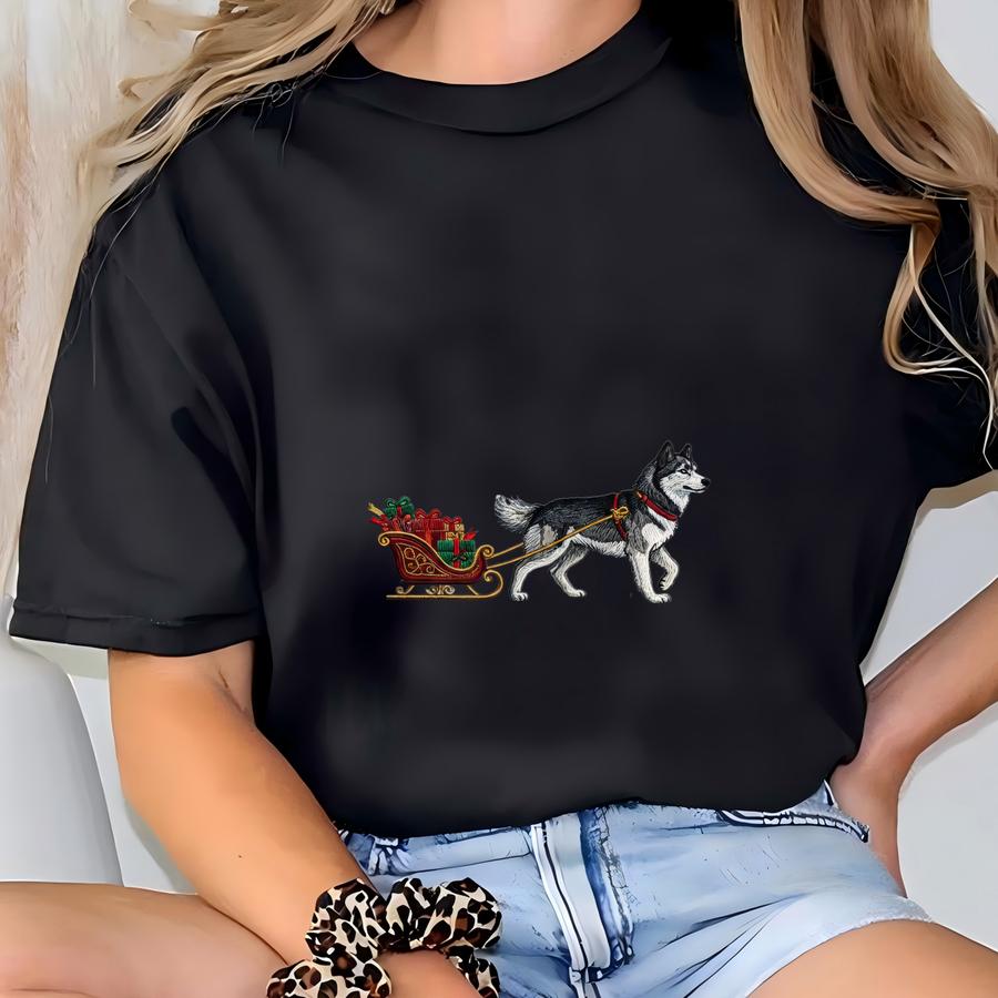 Husky Dog Pulling Sleigh Sweatshirt, Christmas Gift Sled Hoodie, Cute Dog Lover Holiday Crewneck, Husky Pet Portrait Sweater T-shirt