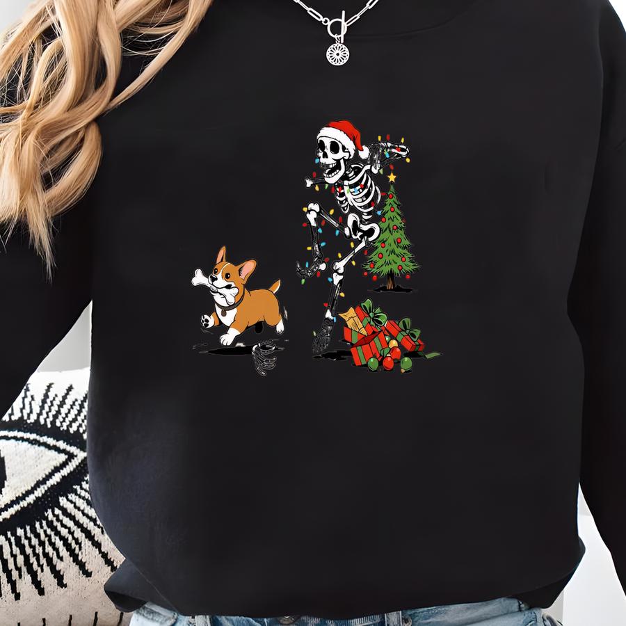 Christmas Corgi Sweatshirt, Christmas Dog Sweatshirt, Corgi Christmas Dogs Shirt, Funny Christmas Shirt, Funny Skeleton Tee, Dog, Christmas Sweatshirt