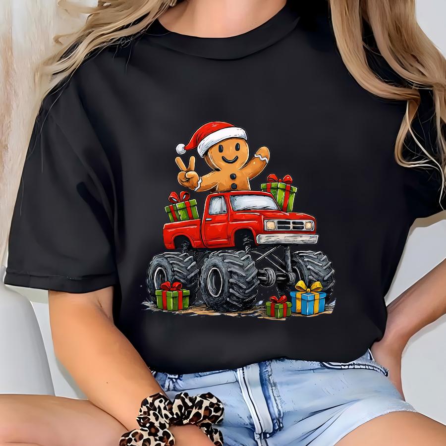 Gingerbread Man Monster Truck Sweatshirt, Kids Christmas Tshirt, Santa Hat Cookie Sweater, Christmas Gifts For Kids Boy,holiday Toddler Gift T-shirt