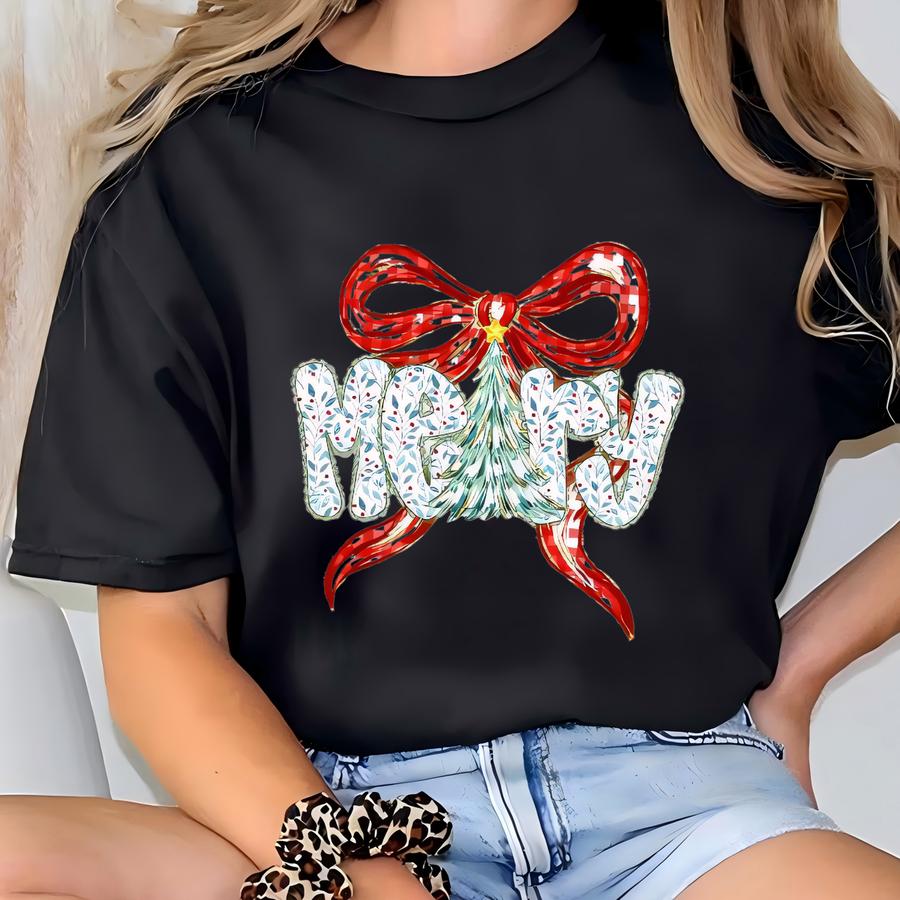Coquette Merry Tshirt, Merry Christmas Sweatshirt, Preppy Girly Xmas Sweater, Cute Holiday Hoodie, Merry And Bright Crewneck Sweatshirt T-shirt