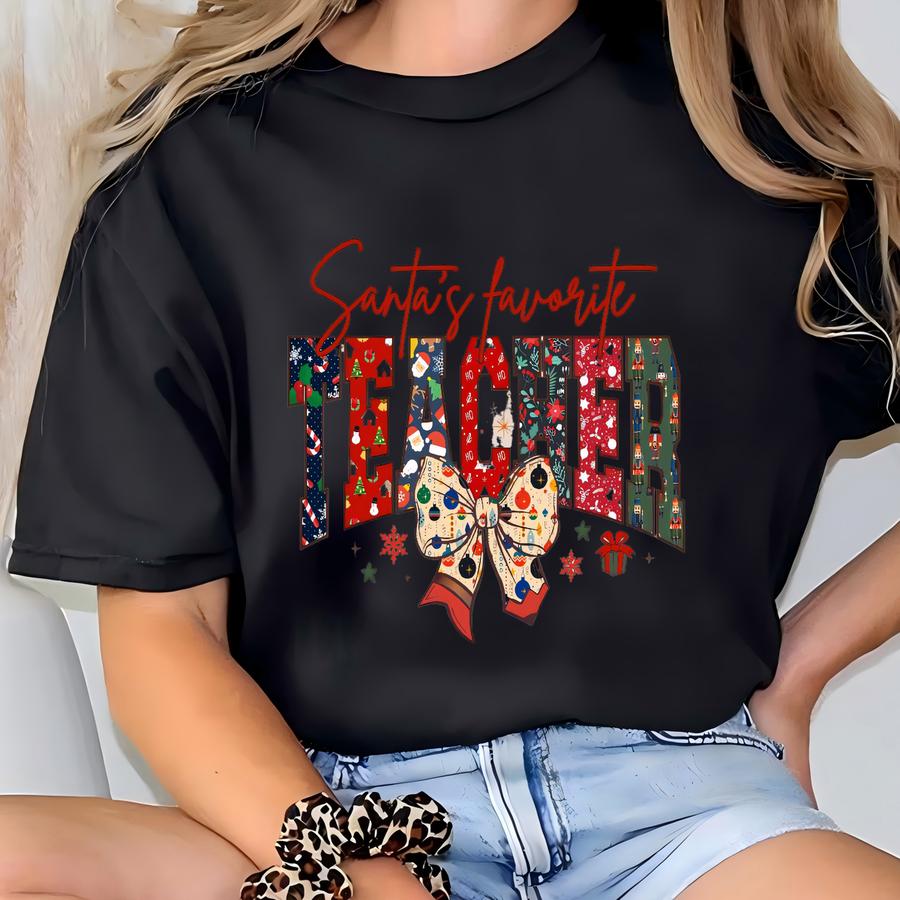 Santa’s Favorite Teacher Sweatshirt, Festive Christmas Graphic Crewneck, Cute Holiday School Staff Top, Teacher Appreciation Gift Hoodie T-shirt