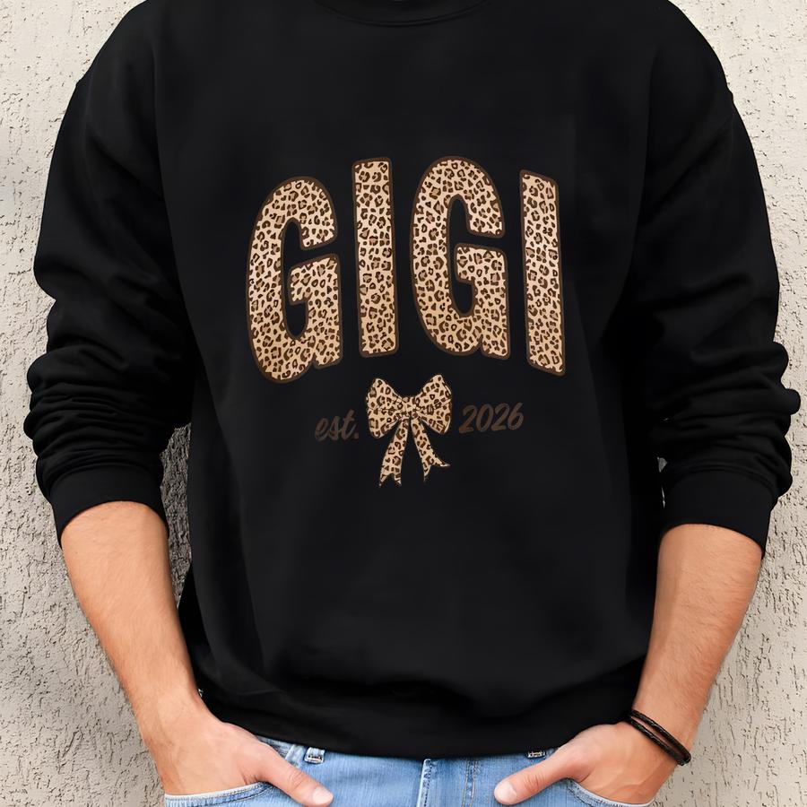 Custom Leopard Gigi Sweatshirt With Kid Name On Sve, Personalized Mama Sweatshirt, Gift For Granny, Christmas Gift Mimi Est 2025 Sweater Sweatshirt
