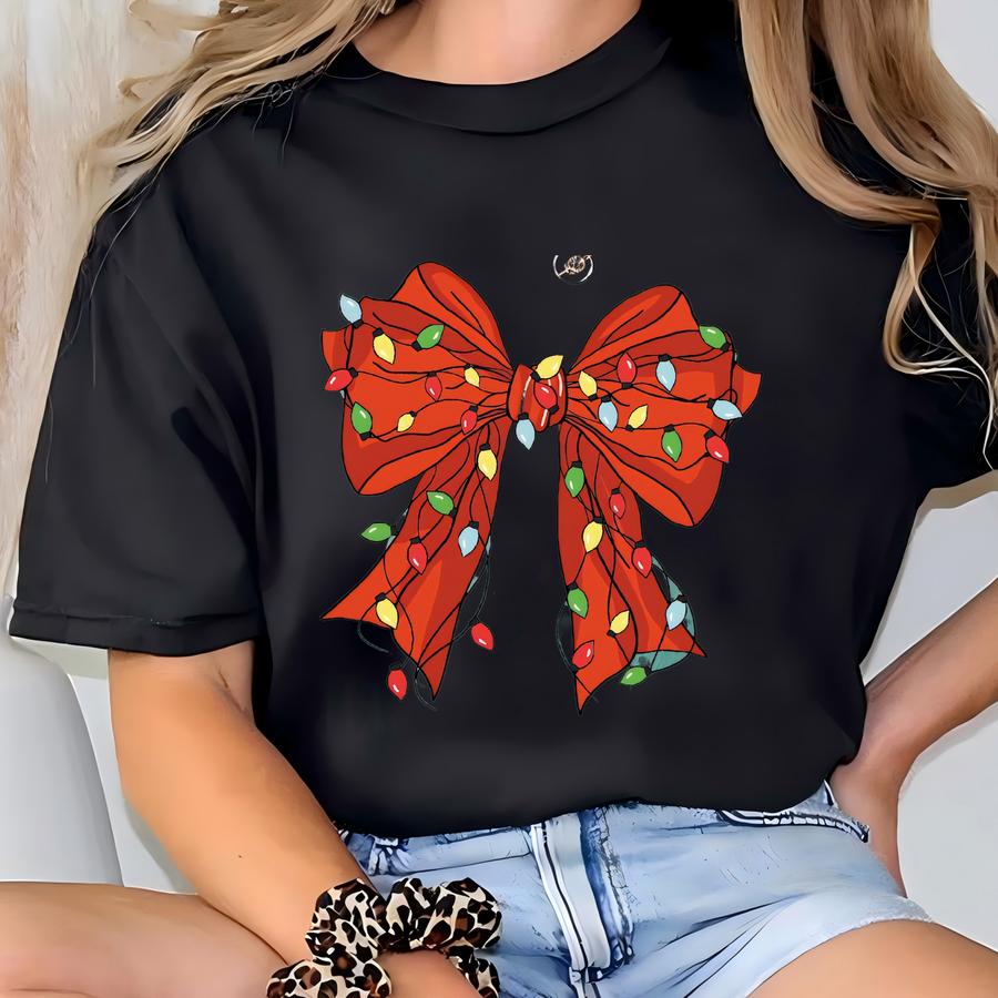 Christmas Light Bow Shirt, Christmas Coquette Bow Shirt, Christmas Lights Shirt, Xmas Coquette Bow Tee ,christmas Gift Shirt T-shirt