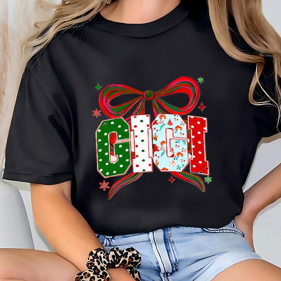 Custom Coquette Christmas Mama Nana Mimi Gigi Aunt Mini Shirt, Preppy Holiday Tshirt, Gift For Mom, Xmas Merry Christmas Family Hoodie T-shirt