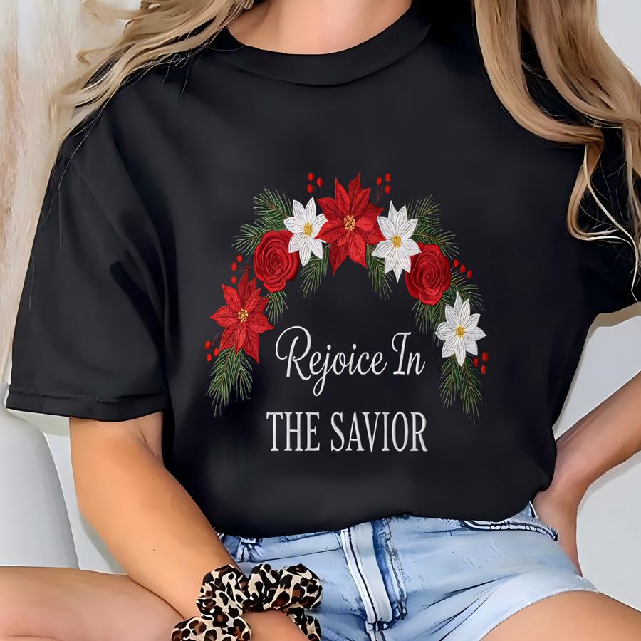 Rejoice In The Savior Christmas Sweatshirt, Christian Holiday Crewneck, Religious Poinsettia Shirt, Nativity Scene Gift T-shirt